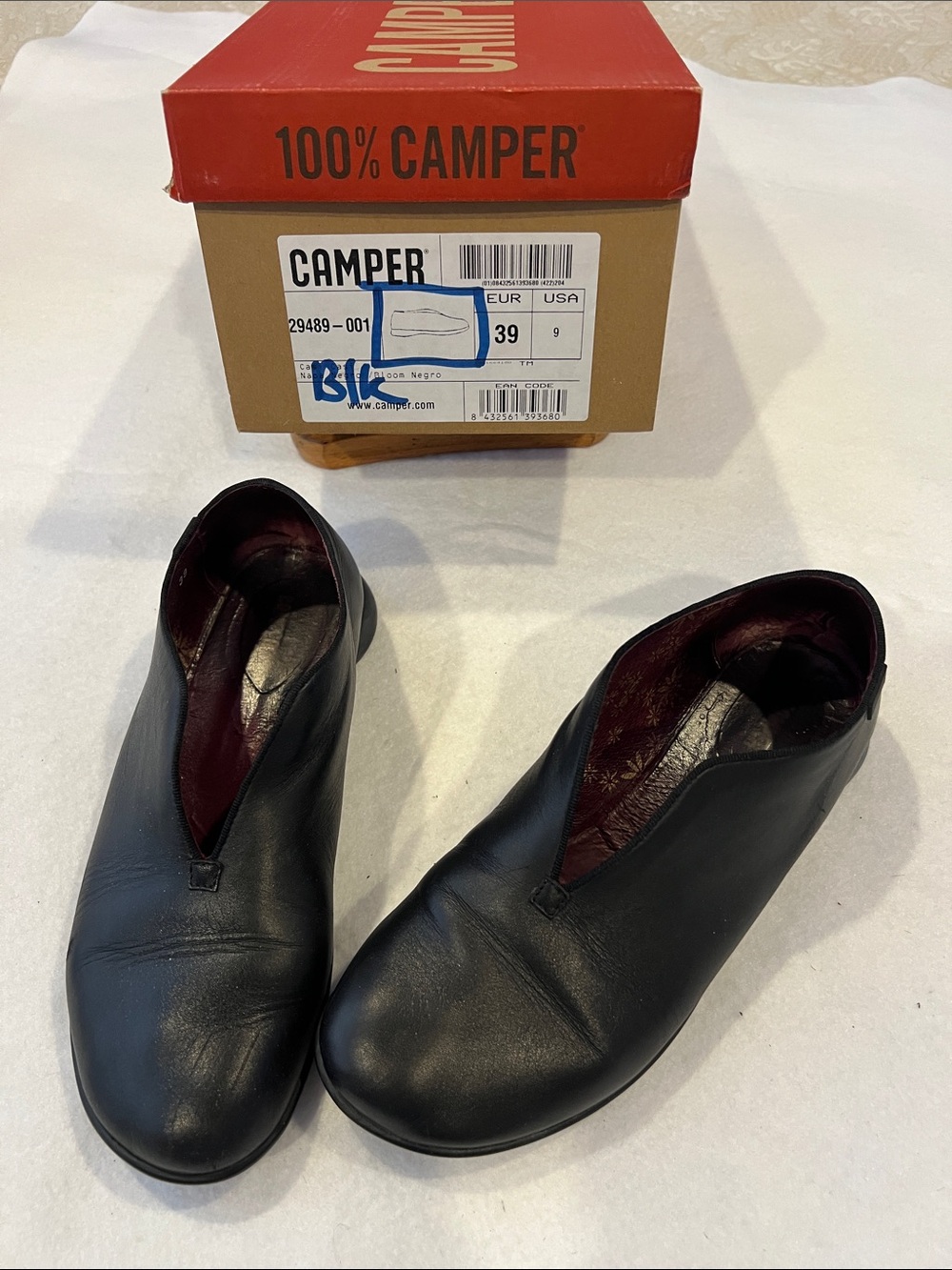 Camper Women’s Black Leather Ankle Booties with Burgundy Lining
